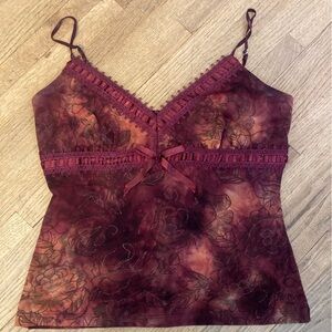 Le Chateau Burgundy Spaghetti Strap Floral Tank